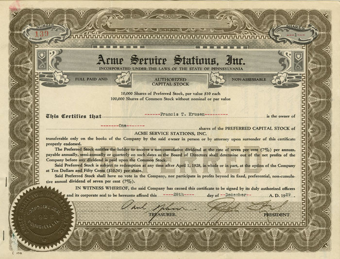 Acme Service Stations Inc - Stock Certificate